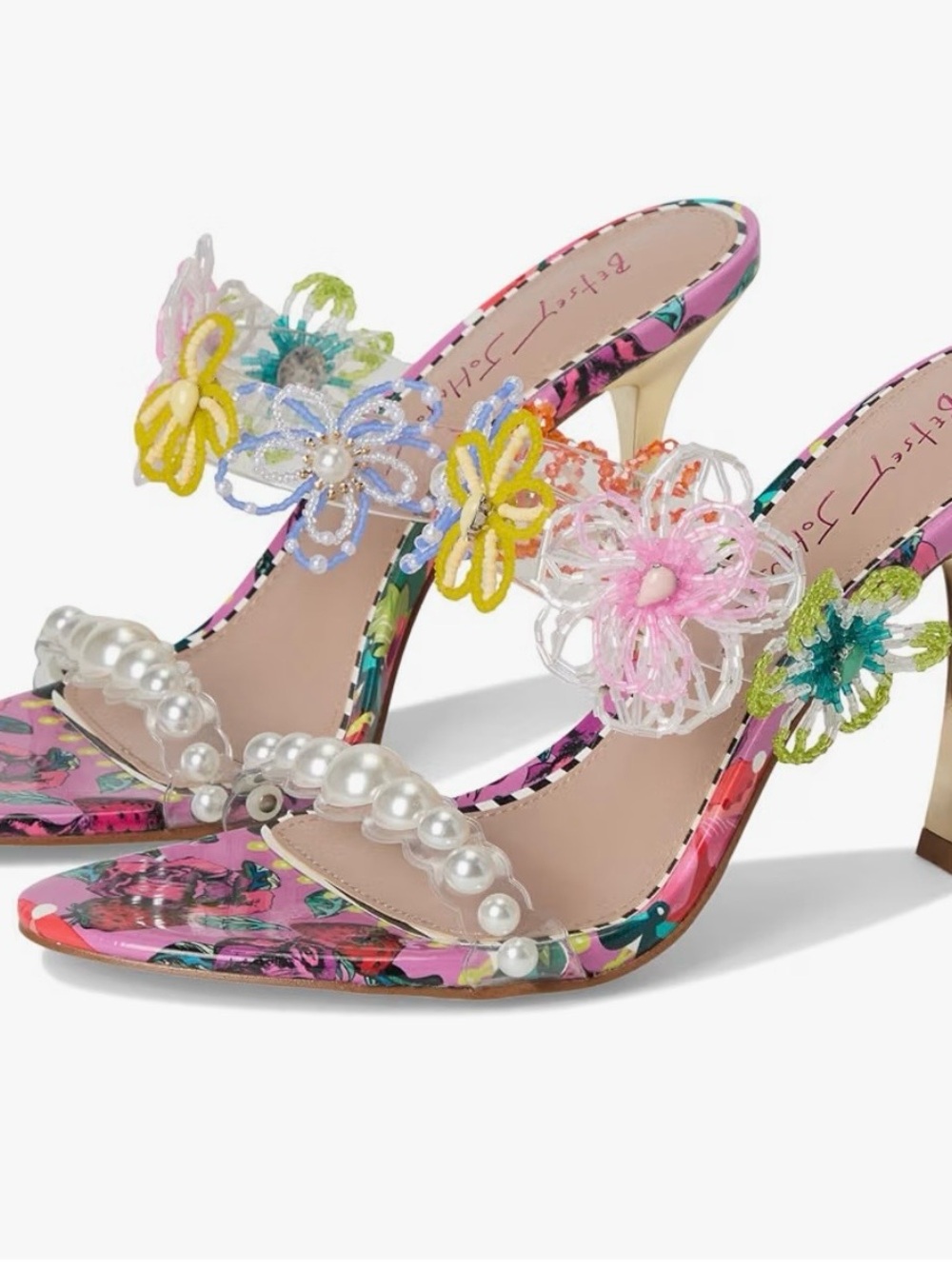 Betsey Johnson Pink Floral Beaded Pearl-Embellished Mules